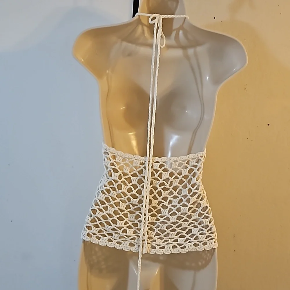 Hand Crafted Crochet Crop-Top Handmade Fishnet Swim Design Cream Summer Layer OS - Picture 8 of 17